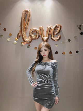 Velvet Off-shoulder Shirred Long Sleeve Party Dress Year-end