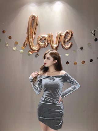 Velvet Off-shoulder Shirred Long Sleeve Party Dress Year-end