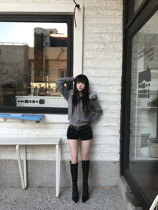 Punk Cross Fur Zip-up Fleece-lined Hoodie Outer Studded