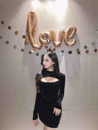 Velvet Chest Cutout Shirred Slit Dress Long Sleeve