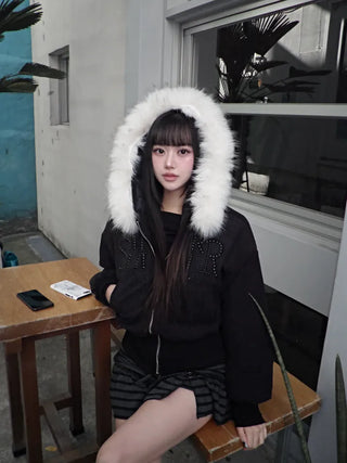 Lovey Gray Fur Jacket Year-end look Party Christmas