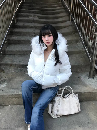 Two-tone Faux Fur Contrast Knit Zip-up Sexy Glam