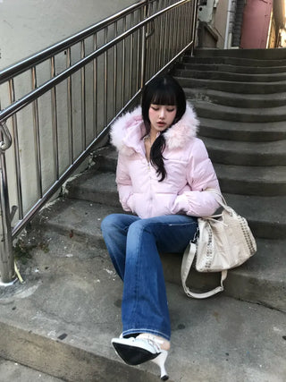 Two-tone Faux Fur Contrast Knit Zip-up Sexy Glam