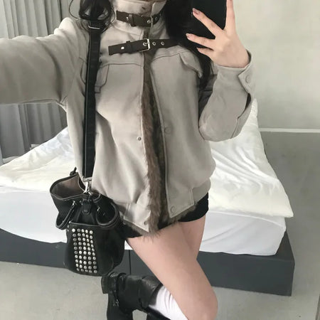 Ari Hand Warmer Fur Hooded Padded Jacket Two-tone
