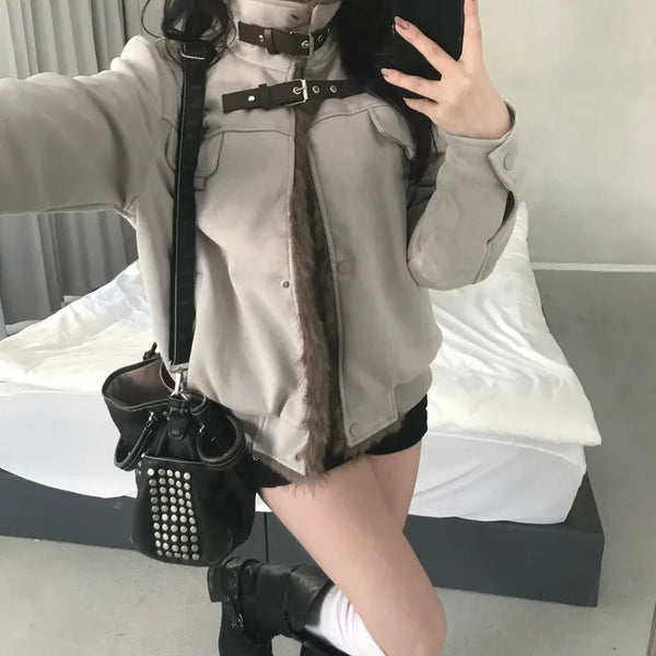 Ari Hand Warmer Fur Hooded Padded Jacket Two-tone