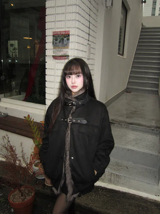 Ari Hand Warmer Fur Hooded Padded Jacket Two-tone