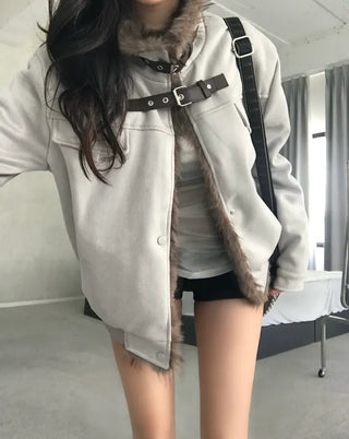 Ari Hand Warmer Fur Hooded Padded Jacket Two-tone