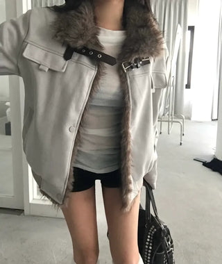 Ari Hand Warmer Fur Hooded Padded Jacket Two-tone