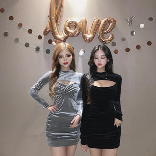 Chest Cutout Velvet Twisted Ribbon Long Sleeve Party