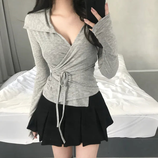 Leev Asymmetrical Collar Half-Off-Shoulder Wrap Cardigan T-shirt Long