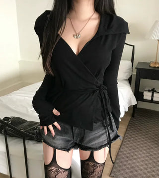 Leev Asymmetrical Collar Half-Off-Shoulder Wrap Cardigan T-shirt Long