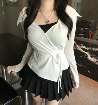 Leev Asymmetrical Collar Half-Off-Shoulder Wrap Cardigan T-shirt Long