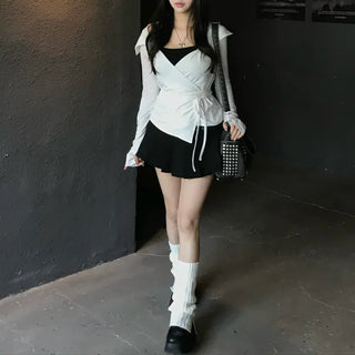 Leev Asymmetrical Collar Half-Off-Shoulder Wrap Cardigan T-shirt Long