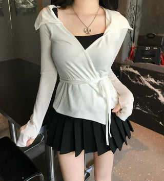 Leev Asymmetrical Collar Half-Off-Shoulder Wrap Cardigan T-shirt Long