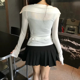 Leev Asymmetrical Collar Half-Off-Shoulder Wrap Cardigan T-shirt Long