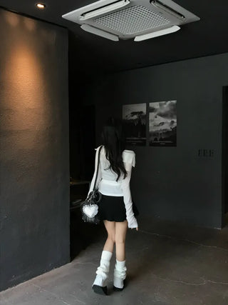 Leev Asymmetrical Collar Half-Off-Shoulder Wrap Cardigan T-shirt Long