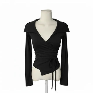 Leev Asymmetrical Collar Half-Off-Shoulder Wrap Cardigan T-shirt Long