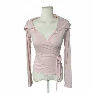 Leev Asymmetrical Collar Half-Off-Shoulder Wrap Cardigan T-shirt Long