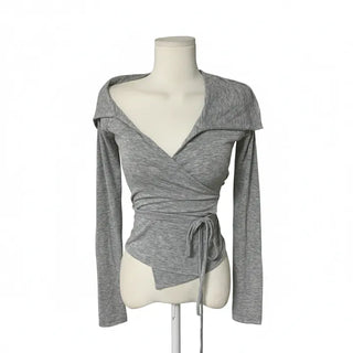 Leev Asymmetrical Collar Half-Off-Shoulder Wrap Cardigan T-shirt Long
