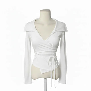 Leev Asymmetrical Collar Half-Off-Shoulder Wrap Cardigan T-shirt Long