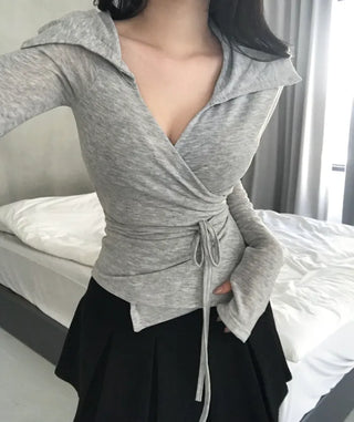 Leev Asymmetrical Collar Half-Off-Shoulder Wrap Cardigan T-shirt Long
