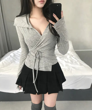 Leev Asymmetrical Collar Half-Off-Shoulder Wrap Cardigan T-shirt Long