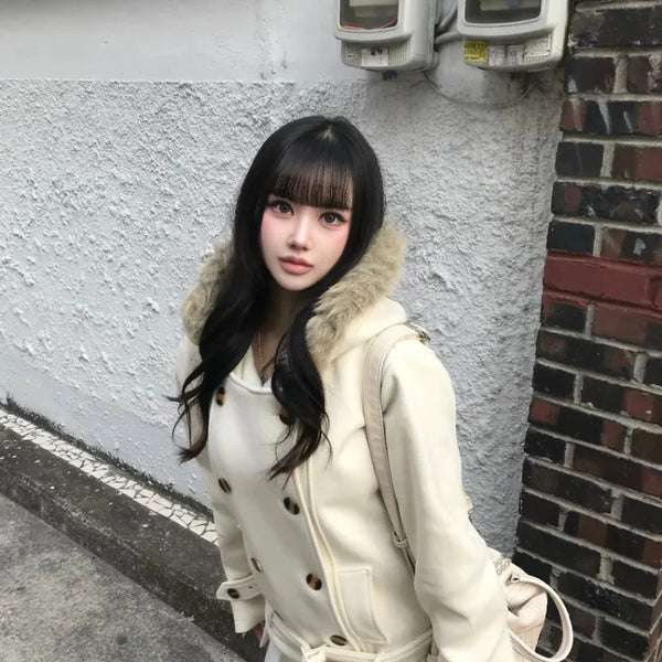 Lena Fur Hooded Double-Button Jacket Coat Daily Pinterest