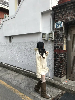 Lena Fur Hooded Double-Button Jacket Coat Daily Pinterest