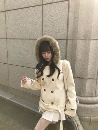 Lena Fur Hooded Double-Button Jacket Coat Daily Pinterest