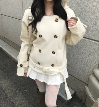 Lena Fur Hooded Double-Button Jacket Coat Daily Pinterest