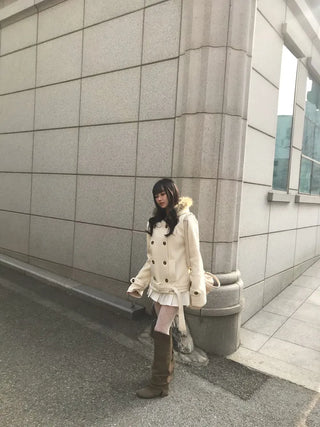 Lena Fur Hooded Double-Button Jacket Coat Daily Pinterest
