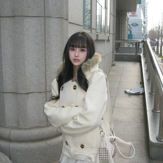 Lena Fur Hooded Double-Button Jacket Coat Daily Pinterest