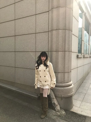 Lena Fur Hooded Double-Button Jacket Coat Daily Pinterest