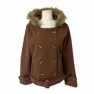 Lena Fur Hooded Double-Button Jacket Coat Daily Pinterest