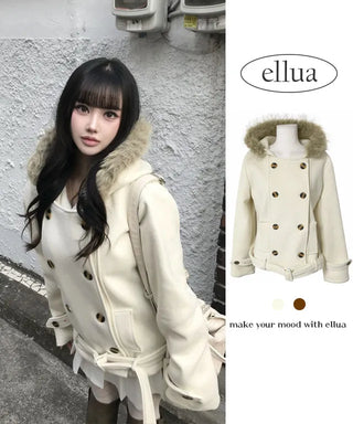 Lena Fur Hooded Double-Button Jacket Coat Daily Pinterest