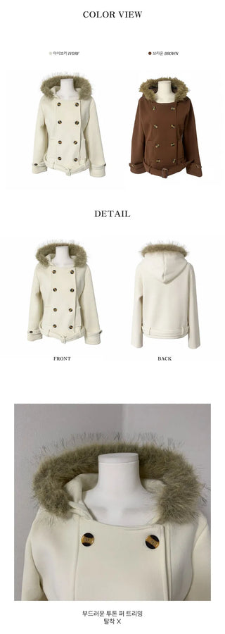 Lena Fur Hooded Double-Button Jacket Coat Daily Pinterest