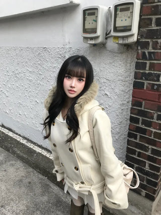 Lena Fur Hooded Double-Button Jacket Coat Daily Pinterest