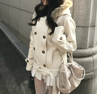 Lena Fur Hooded Double-Button Jacket Coat Daily Pinterest