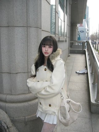 Lena Fur Hooded Double-Button Jacket Coat Daily Pinterest