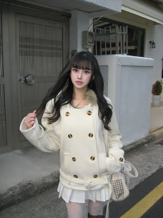 Lena Fur Hooded Double-Button Jacket Coat Daily Pinterest