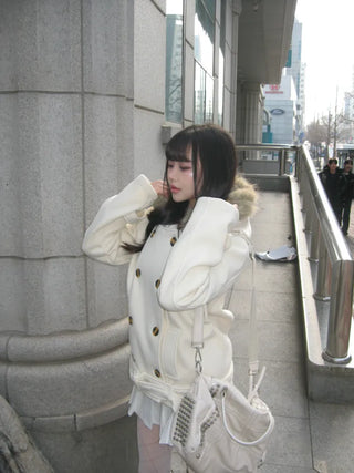 Lena Fur Hooded Double-Button Jacket Coat Daily Pinterest