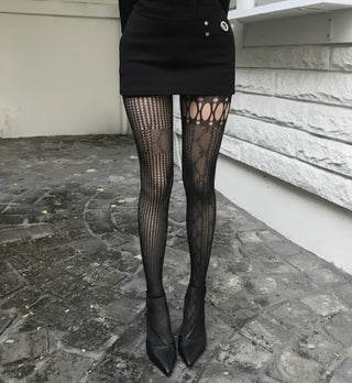 Diamond Asymmetrical Mesh Stockings Tattoo See-through Statement Item