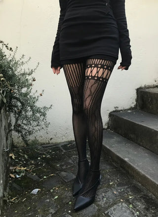 Diamond Asymmetrical Mesh Stockings Tattoo See-through Statement Item