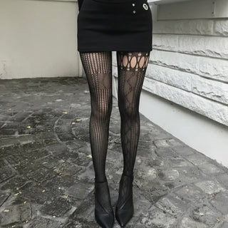 Diamond Asymmetrical Mesh Stockings Tattoo See-through Statement Item