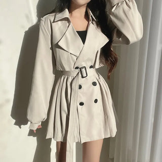 Back Pleated Belted Short Trench Coat Dress Jacket