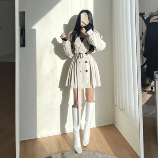 Back Pleated Belted Short Trench Coat Dress Jacket