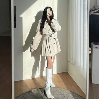 Back Pleated Belted Short Trench Coat Dress Jacket