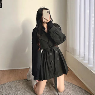 Back Pleated Belted Short Trench Coat Dress Jacket