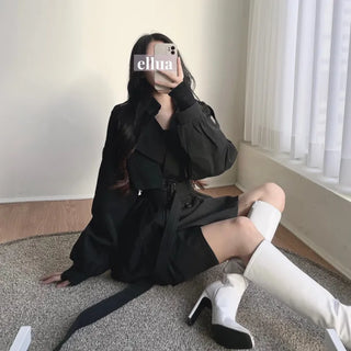 Back Pleated Belted Short Trench Coat Dress Jacket