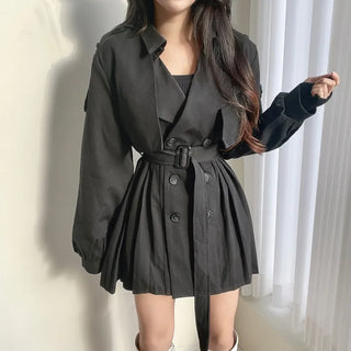 Back Pleated Belted Short Trench Coat Dress Jacket